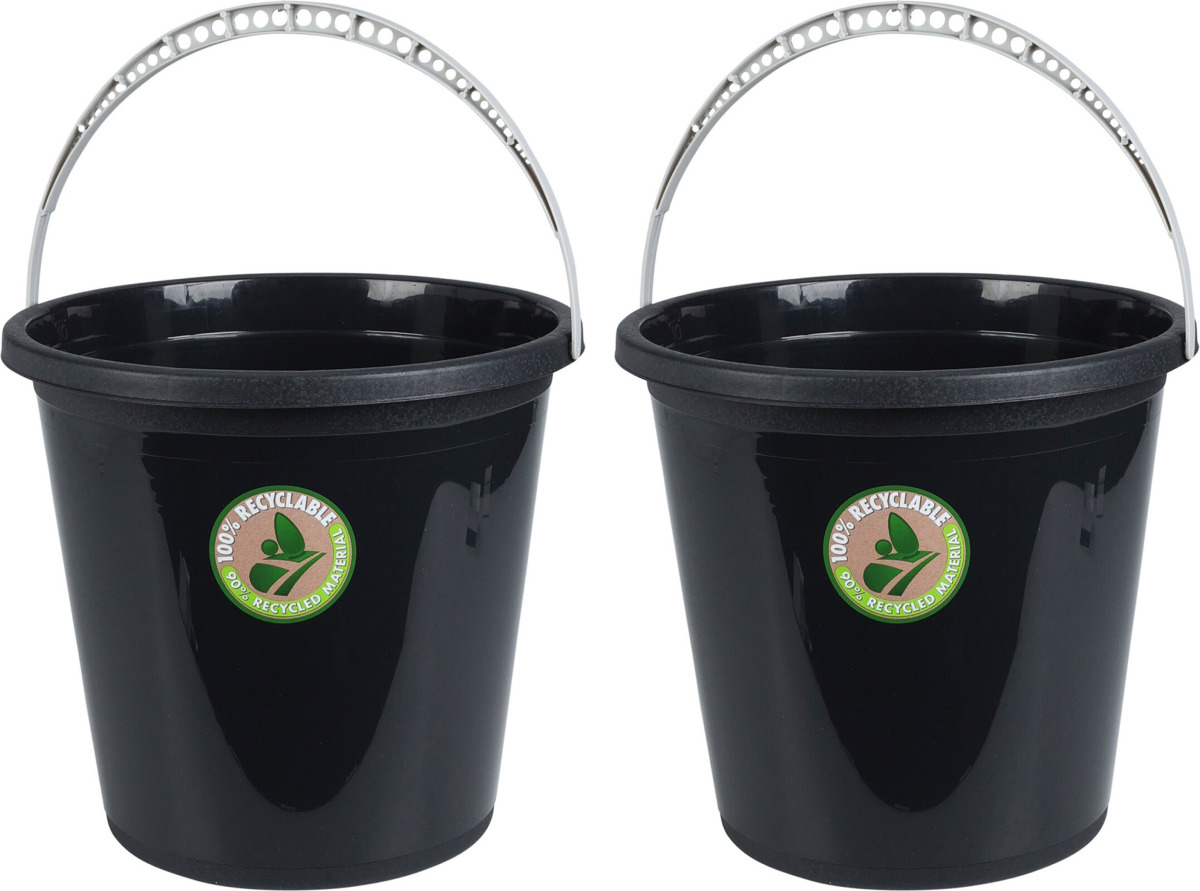 Storage solutions 2x Stuks huishoud emmers - 10L - gerecycled kunststof - Zwart