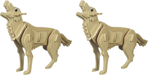 Merkloos 2x stuks houten 3D puzzel wolf 23 cm