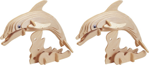 Merkloos 2x stuks houten 3D puzzel dolfijn 23 cm