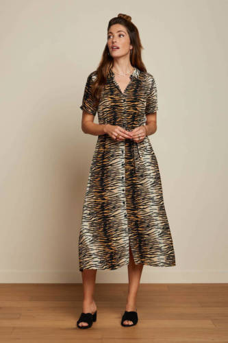 King Louie blousejurk Olive Midi Dress Kallina met dierenprint bruin/zwart/ecru