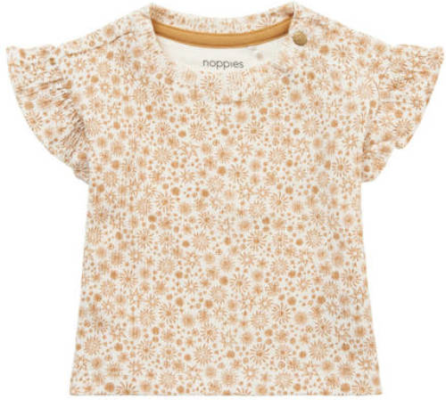 Noppies baby T-shirt Newbury met all over print en ruches lichtbruin/wit