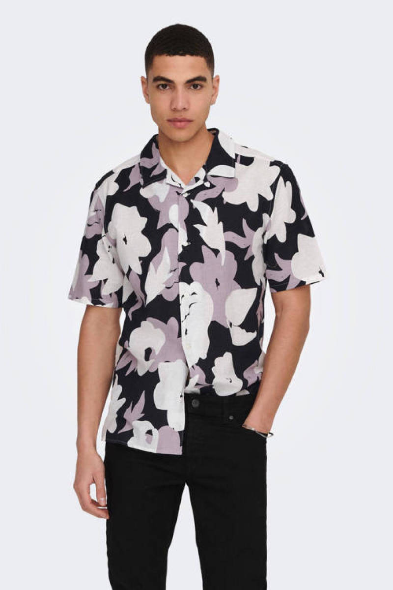 ONLY & SONS regular fit overhemd ONSTREV met linnen en all over print nirvana