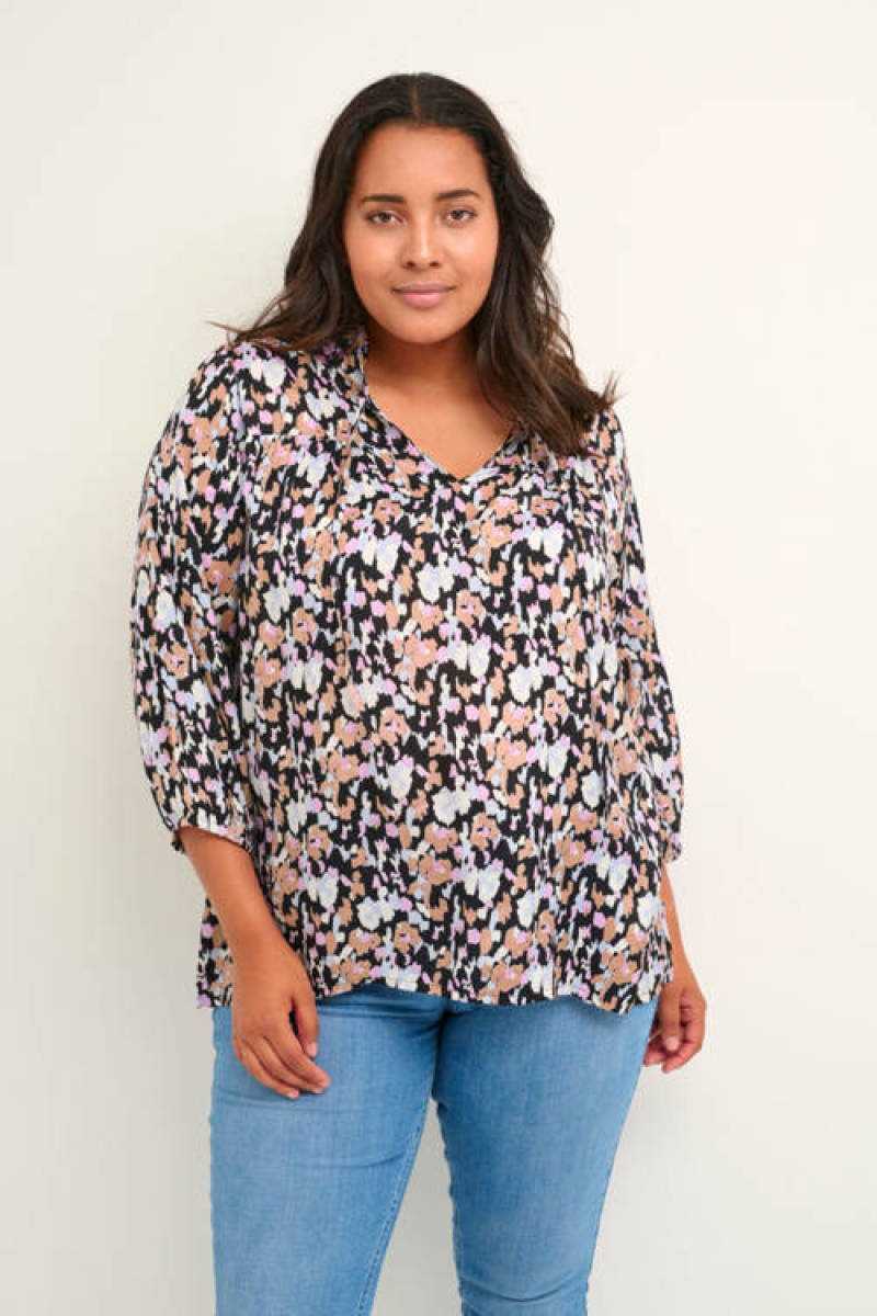 Kaffe Curve top KCobby met all over print en ruches zwart/blauw/lila