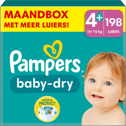 Pampers Baby-Dry Maat 4+ (10kg - 15kg) - 198 luiers maandbox