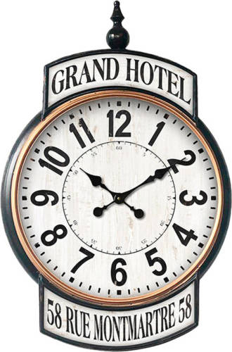 HAES deco - Grote Wandklok 62x93 Cm Vintage Wit Zwart Bedrukking Grand Hotel - Wijzerplaat Met Cijfers - Metalen Klok