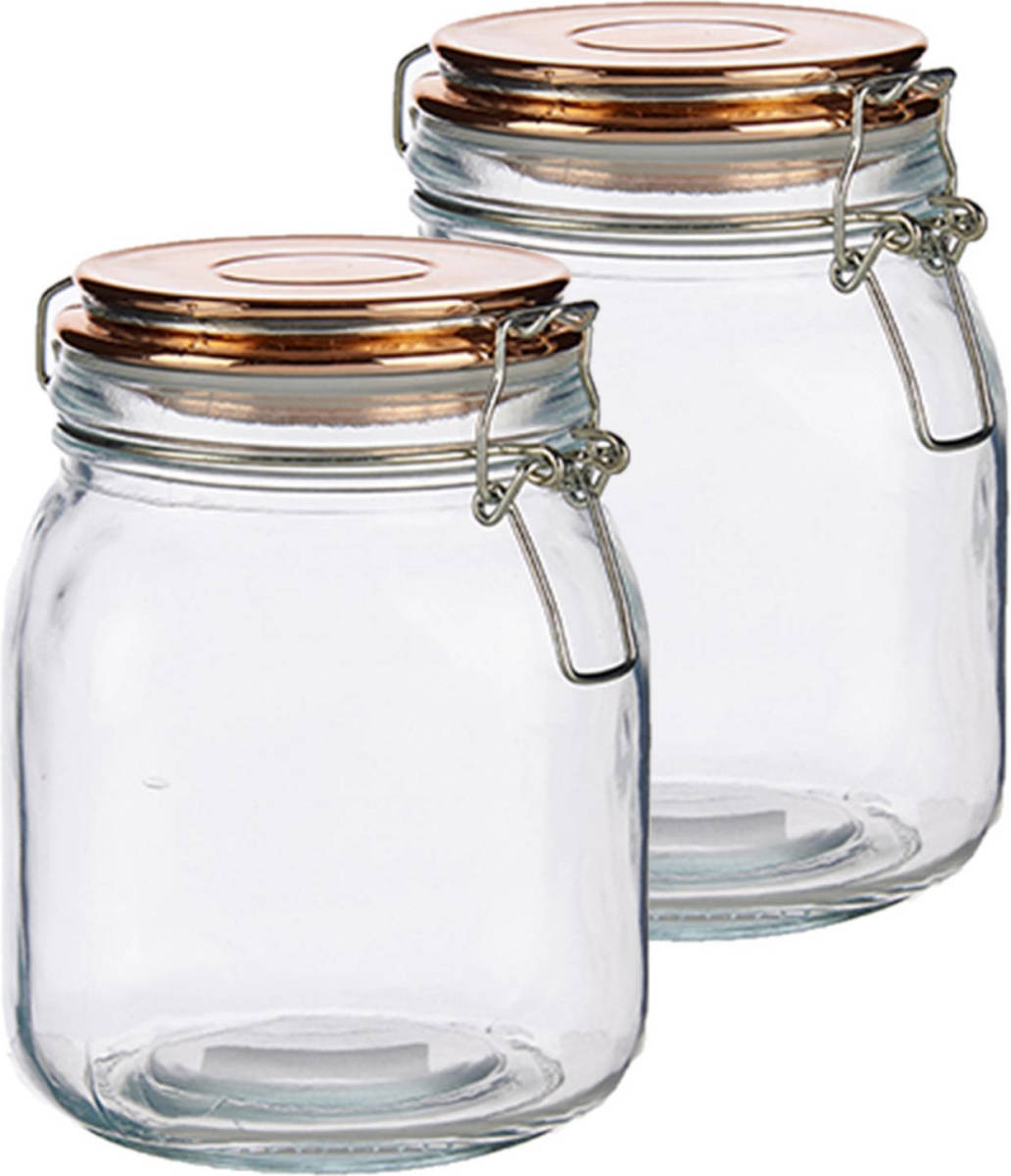 Vivalto Set Van 2x Stuks Glazen Luxe Keuken Voorraadpotten/voorraadbussen Met Klepdeksel Koper 1000 Ml - Voorraadpot
