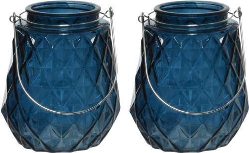 Decoris 2x Stuks Theelichthouders/waxinelichthouders Ruitjes Glas Donkerblauw Met Metalen Handvat 11 X 13 Cm - Waxinelichtjeshou
