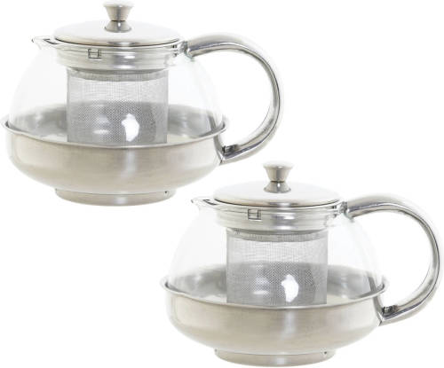 Items Set Van 2x Stuks Theepotten Van Glas En Rvs 600 Ml Met Filter/infuser En Handvat - Theepotten