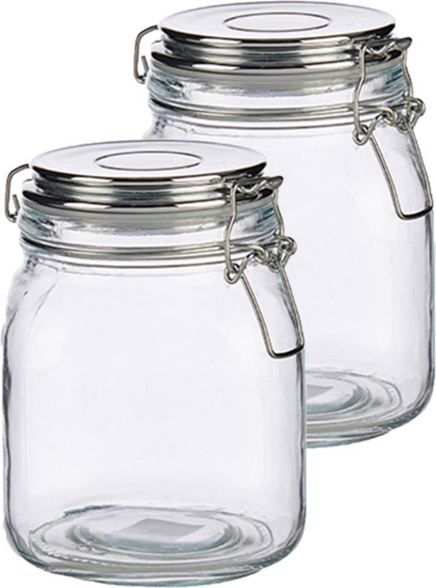 Vivalto Set Van 2x Stuks Glazen Luxe Keuken Voorraadpotten/voorraadbussen Met Klepdeksel Zilver 1000 Ml - Voorraadpot