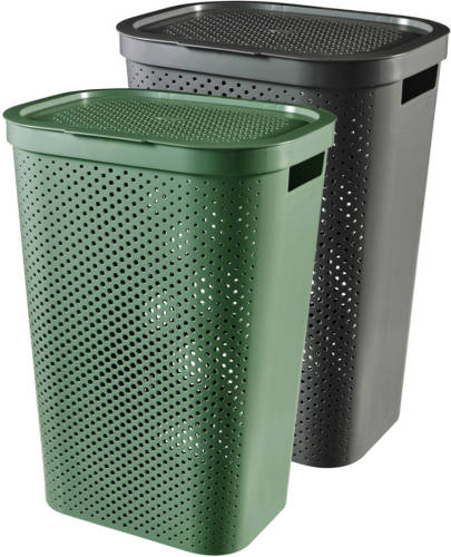 Curver Infinity Recycled Dots Wasmand Met Deksel - 60l - 2 Stuks - Antraciet + Groen