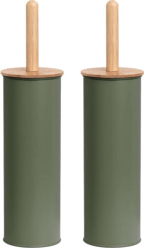 Zeller 2x Stuks Wc/toiletborstel In Houder Metaal/bamboe Hout - Salie Groen - 38 X 10 Cm - Toiletborstels