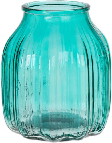 Bellatio Design Bloemenvaas Klein - Turquoise Blauw - Transparant Glas - D14 X H16 Cm - Vazen