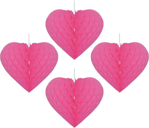 Bellatio Decorations 4x Stuks Fuchsia Roze Decoratie Hart 15 Cm Van Papier - Feestversiering - Hangdecoratie