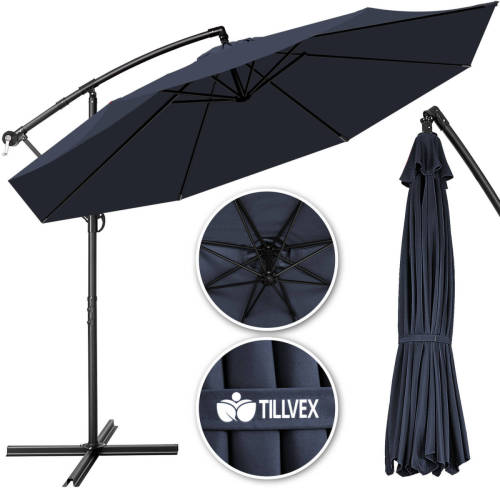 Tillvex Parasol Ø 3m Donkerblauw -Zweefparasol -Hangparasol- Vrijhangende Parasol- Tuinparasol- Slinger-balkon- Alumi...