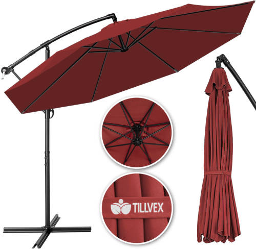 Tillvex Parasol Ø 3m Rood- -Zweefparasol -Hangparasol- Vrijhangende Parasol- Tuinparasol- Slinger-balkon- Aluminium-k...