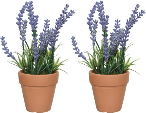 Everlands 2x Lavendel Kunstplant In Terracotta Pot - Lila Paars - D6 X H18 Cm - Kunstplanten
