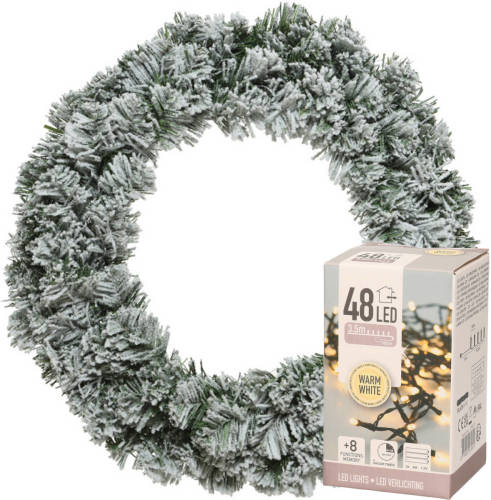 Decoris Kerstkrans Groen Met Sneeuw 35 Cm Incl. Verlichting Warm Wit 4m - Kerstkransen