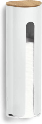 Zeller Wattenschijfjes Wand Dispenser - Kunststof/bamboe Hout - Wit - 8 X 7 X 25 Cm - Opbergbox