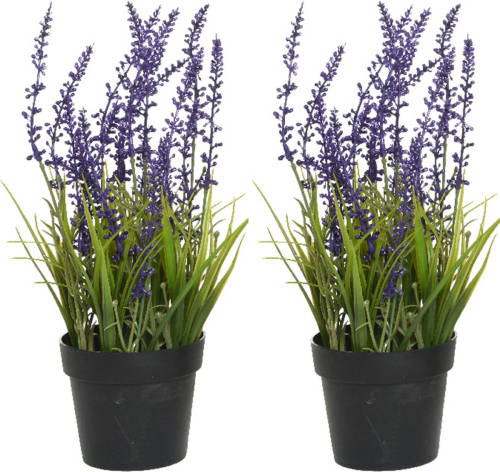 Everlands 2x Stuks Lavendel Kunstplant In Pot - Violet Paars - D15 X H30 Cm - Kunstplanten