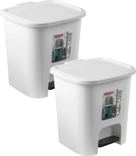 Forte Plastics 2x Stuks Afvalemmer/pedaalemmer 7.5 Liter Met Deksel En Pedaal Wit - Pedaalemmers