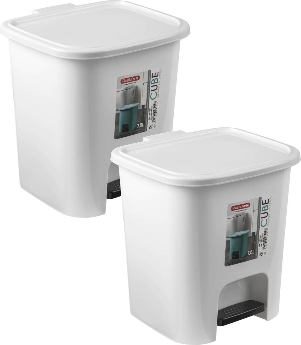 Forte Plastics 2x Stuks Afvalemmer/pedaalemmer 7.5 Liter Met Deksel En Pedaal Wit - Pedaalemmers