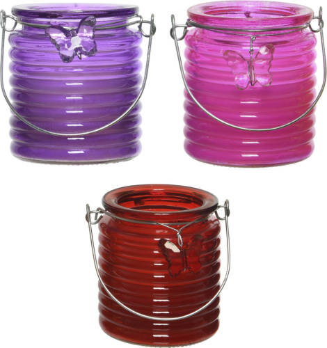 Decoris Set Van 3x Stuks Citronella Anti Muggen Kaarsen Windlicht Paars, Roze En Rood 20 Branduren - Geurkaarsen