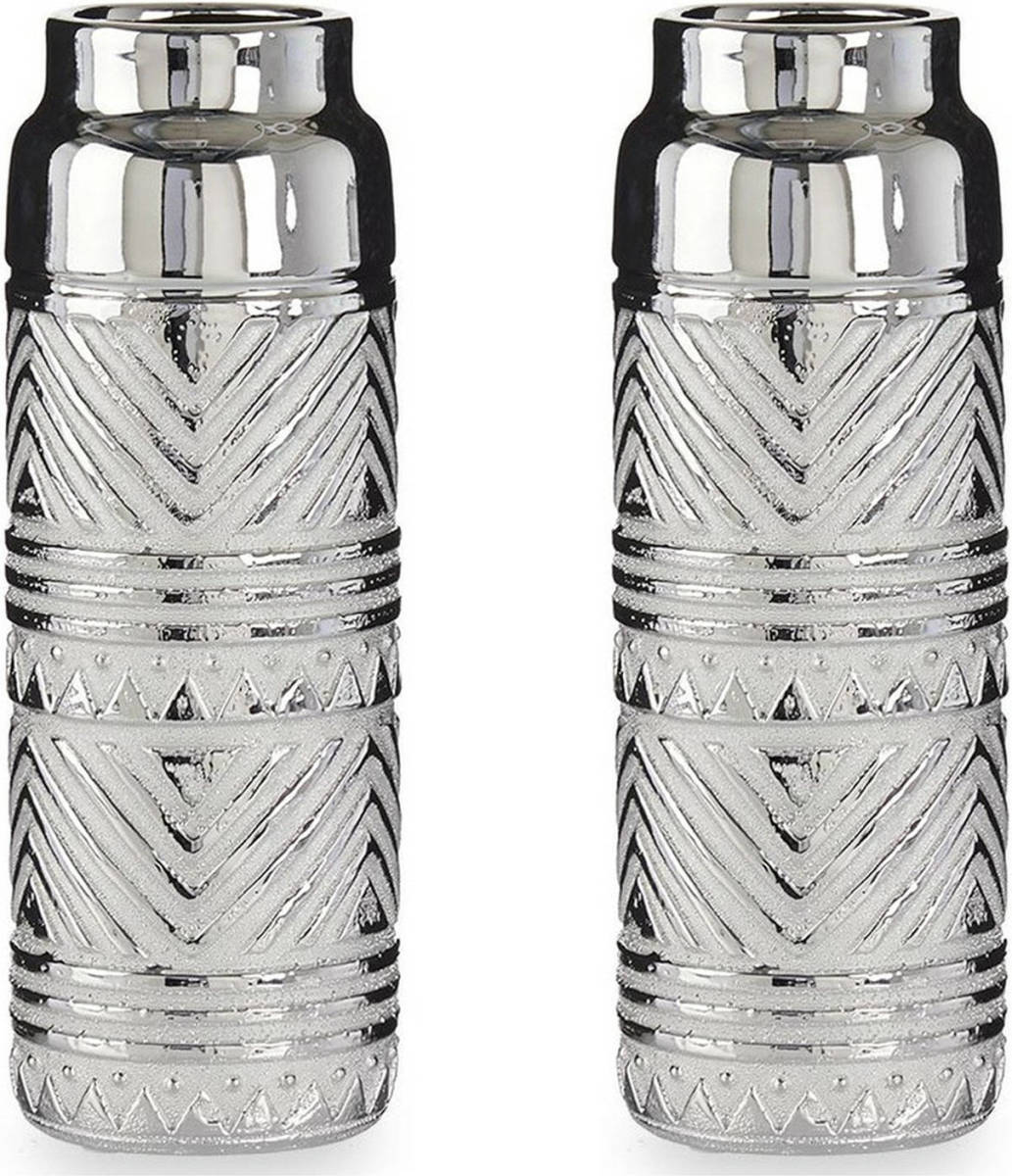 Giftdeco Bloemenvazen 2x Stuks - Zilver Met Modern Luxe Motief - 10 X 30 Cm - Keramiek - Vazen