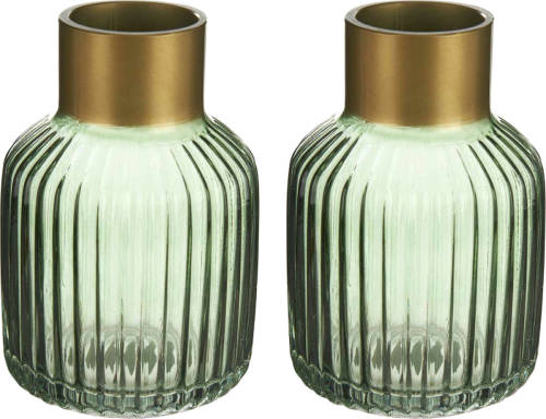 Giftdeco Bloemenvazen 2x Stuks - Luxe Decoratie Glas - Groen/goud - 12 X 18 Cm - Vazen