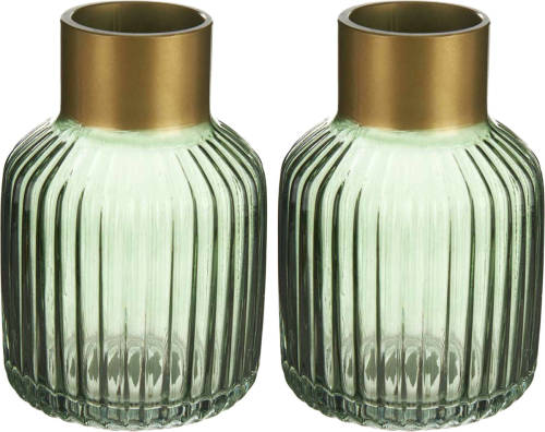 Giftdeco Bloemenvazen 2x Stuks - Luxe Decoratie Glas - Groen/goud - 14 X 22 Cm - Vazen