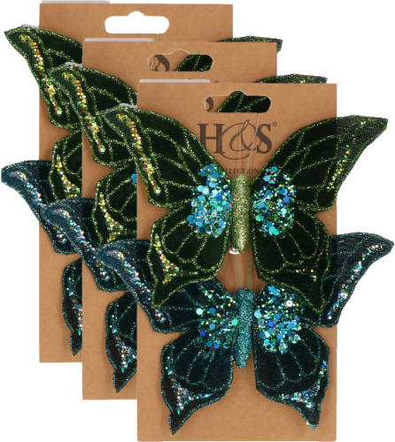 H&S Collection 6x Stuks Kunststof Decoratie Vlinders Op Clip Groen/blauw 10 X 15 Cm - Kunstbloemen