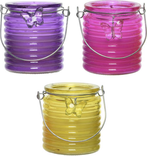 Decoris Set Van 3x Stuks Citronella Anti Muggen Kaarsen Windlicht Paars, Roze En Geel 20 Branduren - Geurkaarsen