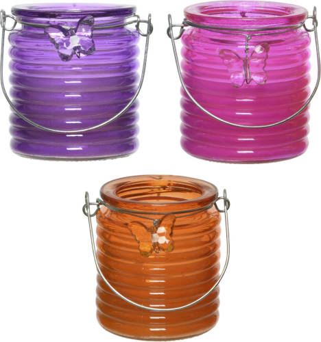 Decoris Set Van 3x Stuks Citronella Anti Muggen Kaarsen Windlicht Paars, Roze En Oranje 20 Branduren - Geurkaarsen