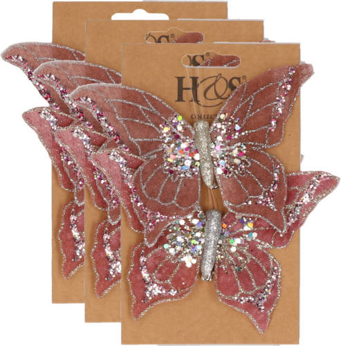 H&S Collection 6x Stuks Kunststof Decoratie Vlinders Op Clip Roze 10 X 15 Cm - Kunstbloemen
