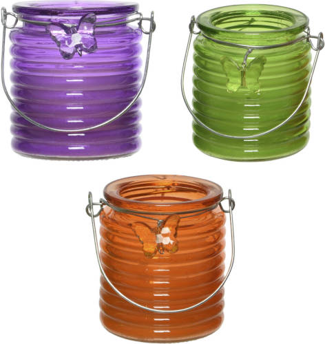 Decoris Set Van 3x Stuks Citronella Anti Muggen Kaarsen Windlicht Paars, Groen En Oranje 20 Branduren - Geurkaarsen