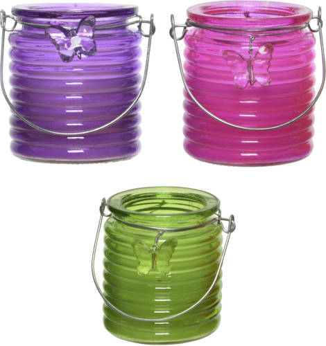 Decoris Set Van 3x Stuks Citronella Anti Muggen Kaarsen Windlicht Paars, Roze En Groen 20 Branduren - Geurkaarsen