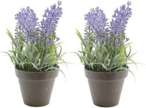 Shoppartners 2xgroen/paarse Lavendula/lavendel Kunstplant 17 Cm In Zwarte Pot - Kunstplanten