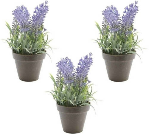 Shoppartners 3x Groen/paarse Lavendula/lavendel Kunstplanten 17 Cm Zwarte Pot - Kunstplanten