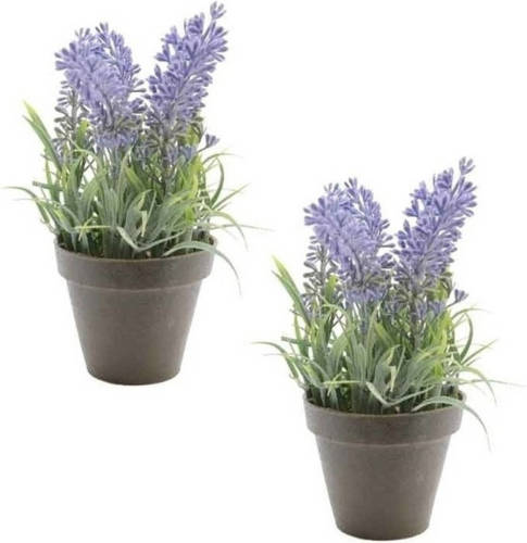 Shoppartners 2x Groen/paarse Lavendula/lavendel Kunstplanten 17 Cm Zwarte Pot - Kunstplanten