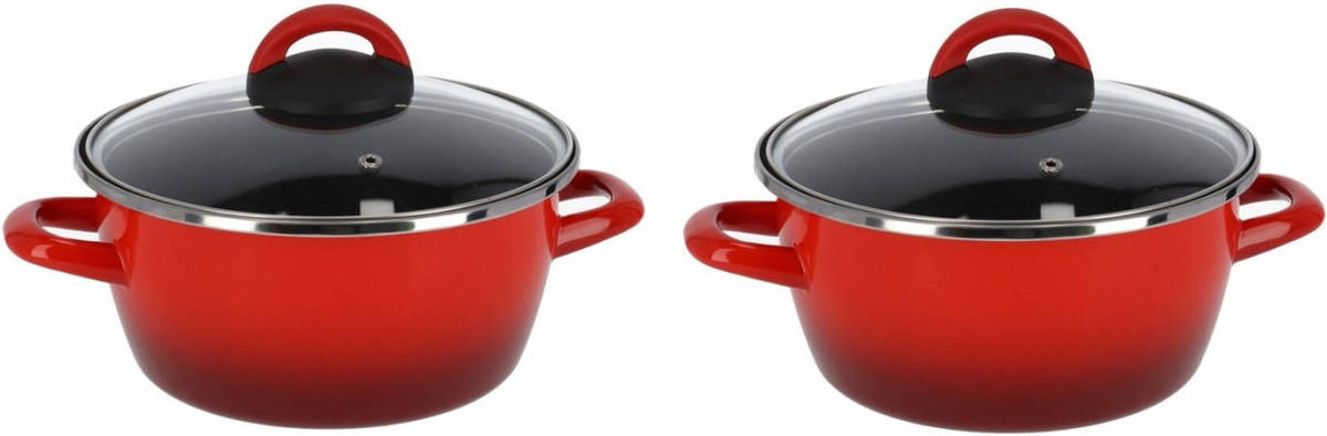 Magefesa Set Van 2x Stuks Rvs Rode Kookpan/pan Met Glazen Deksel 16 Cm 1 Liter - Kookpannen