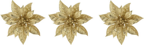 Cosy @ Home 3x Stuks Decoratie Bloemen Kerstster Goud Glitter Op Clip 15 Cm - Kunstbloemen