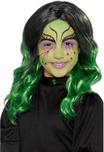 Smiffy's Halloween - Lange Zwart Met Groene Meisjespruik Met Krullen
