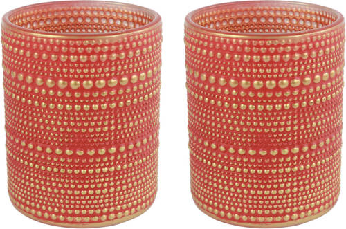 Countryfield 2x Stuks Luxe Theelichthouder/kaarsenhouder - Rood/goud - Glas - D7 X H8 Cm - Windlichten