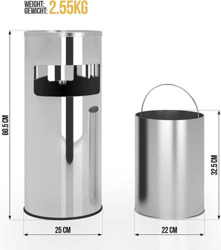 Jago - Staande Asbak Met Prullenbak - Zilver- 30 Liter, Van Rvs/ Ijzer, 2 In 1, Met Binnenemmer
