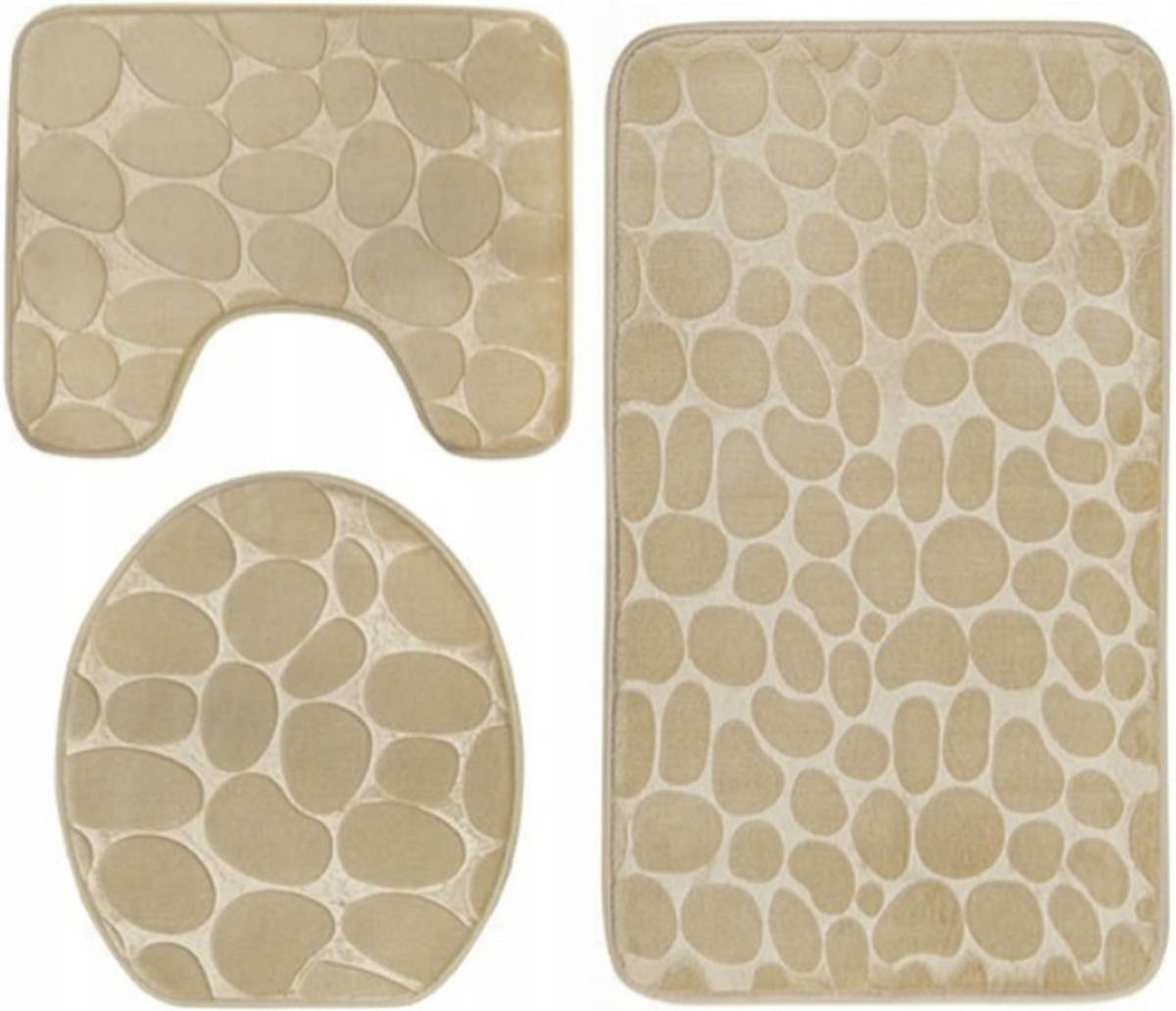 Tragar Homely Luxe 3 Delige Badkamermatten Set Met Antislip - Toilet Badkamer Wc Bril Mat - Tr-6 3d Stone Look Crème