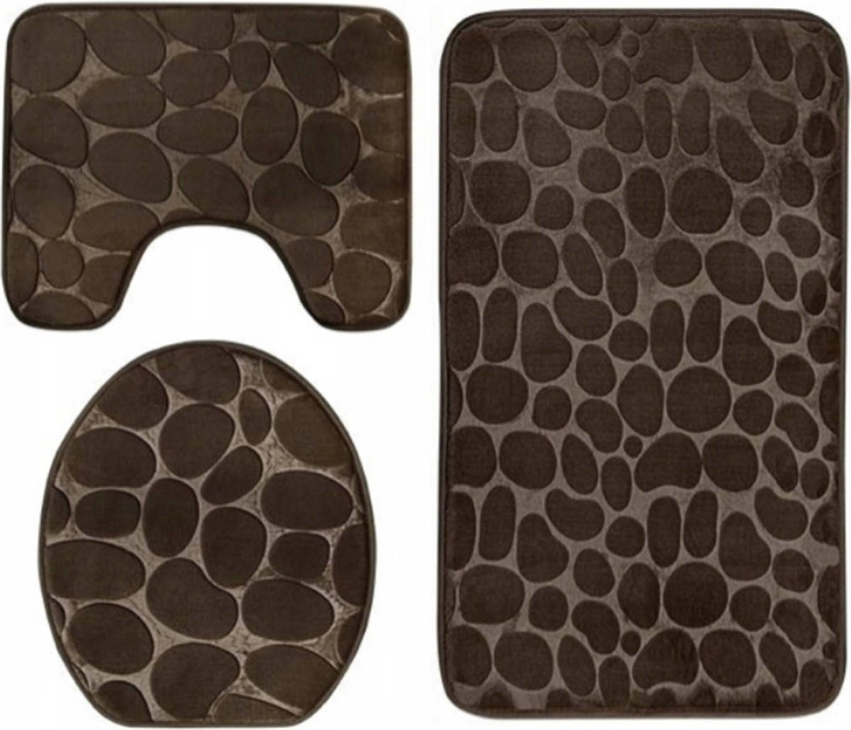 Tragar Homely Luxe 3 Delige Badkamermatten Set Met Antislip - Toilet Badkamer Wc Bril Mat - Tr-6 3d Stone Look Donkerbruin