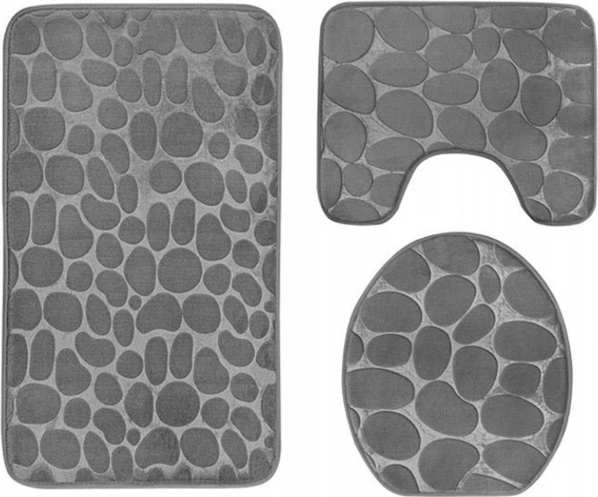 Tragar Homely Luxe 3 Delige Badkamermatten Set Met Antislip - Toilet Badkamer Wc Bril Mat - Tr-6 3d Stone Look Grijs