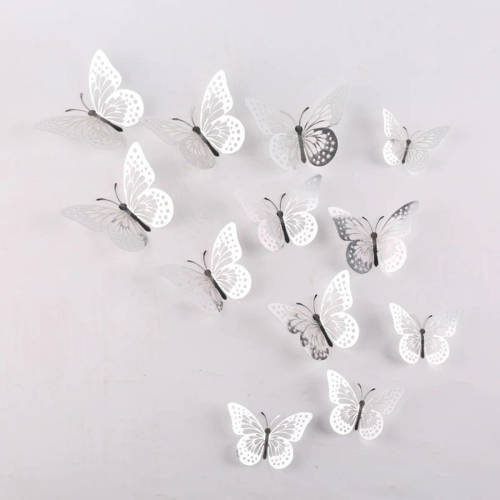VSE Cake topper decoratie vlinders of muur decoratie met plakkers 12 stuks zilver - 3D vlinders - VL-01