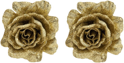 Cosy @ Home 2x stuks decoratie bloemen roos goud glitter op clip 10 cm - Kunstbloemen