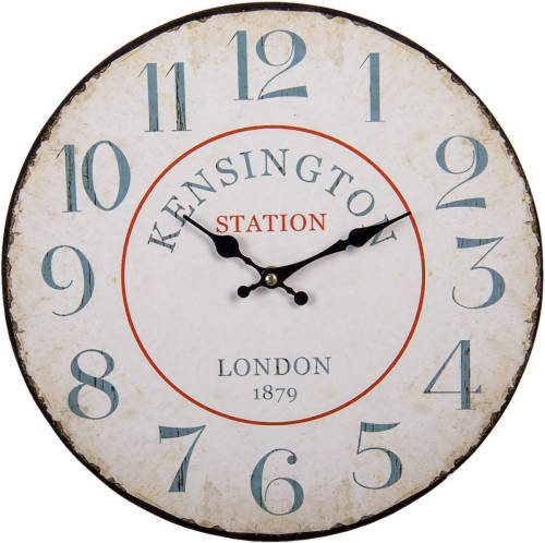 HAES deco - Wandklok 34 cm Vintage Wit met tekst Kensington Station - Wijzerplaat met Cijfers - Ronde MDF Klok