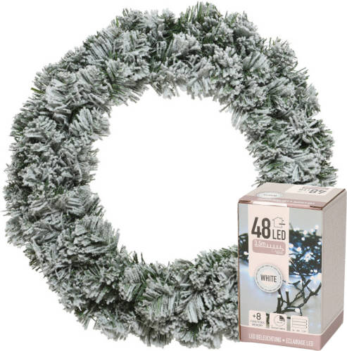 Decoris Kerstkrans groen met sneeuw 35 cm incl. verlichting helder wit 4m - Kerstkransen